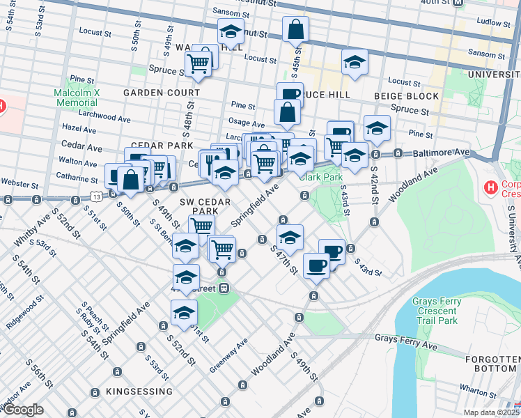 map of restaurants, bars, coffee shops, grocery stores, and more near 924 South 46th Street in Philadelphia