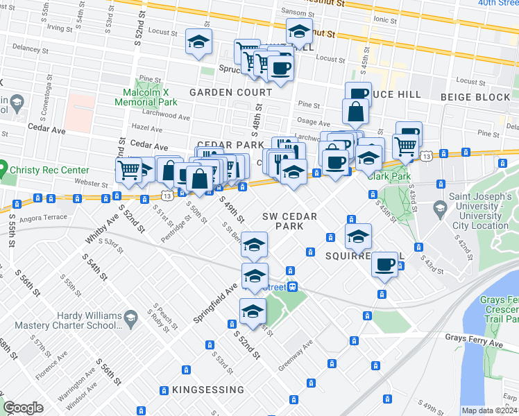 map of restaurants, bars, coffee shops, grocery stores, and more near 804 South 48th Street in Philadelphia