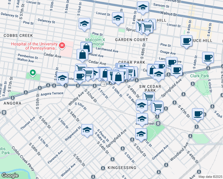 map of restaurants, bars, coffee shops, grocery stores, and more near 701 South 50th Street in Philadelphia