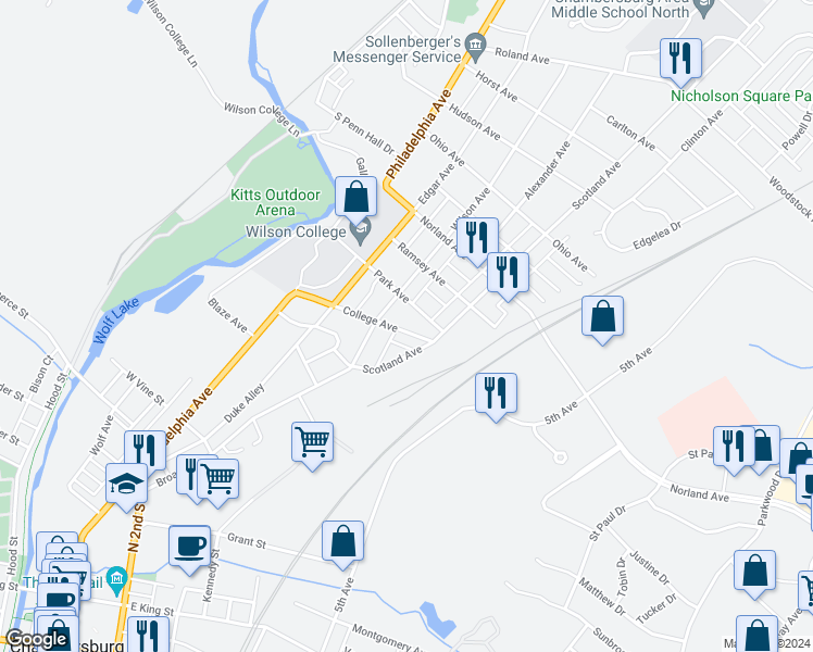 map of restaurants, bars, coffee shops, grocery stores, and more near 220 Park Avenue in Chambersburg