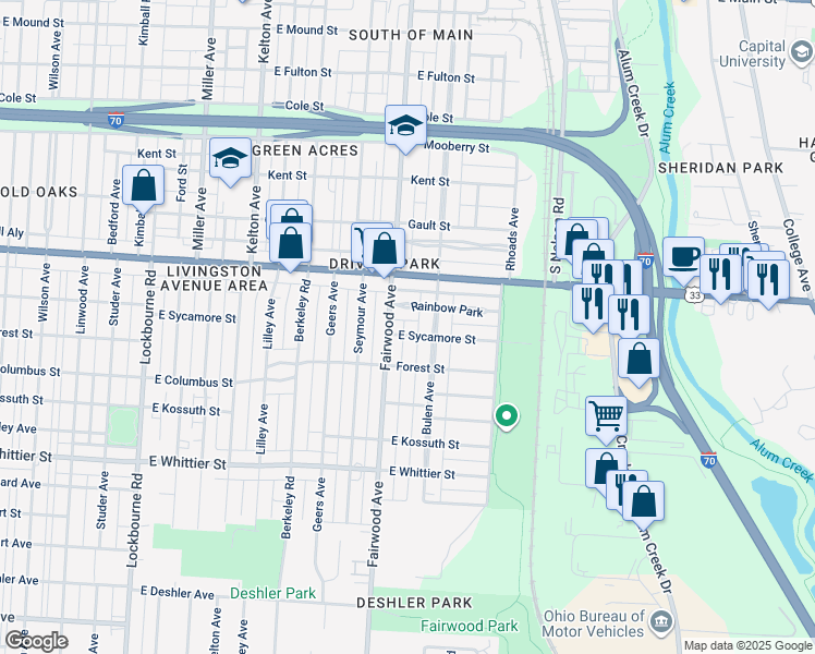 map of restaurants, bars, coffee shops, grocery stores, and more near 1668 Rainbow Park in Columbus