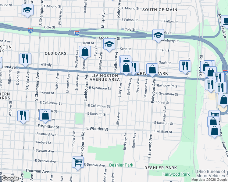 map of restaurants, bars, coffee shops, grocery stores, and more near 909 Lilley Avenue in Columbus