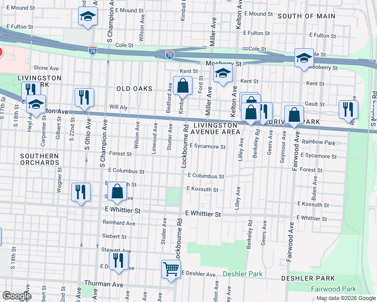 map of restaurants, bars, coffee shops, grocery stores, and more near 879 Lockbourne Road in Columbus