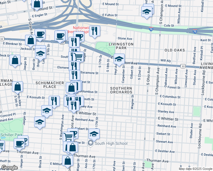 map of restaurants, bars, coffee shops, grocery stores, and more near 790 South 17th Street in Columbus