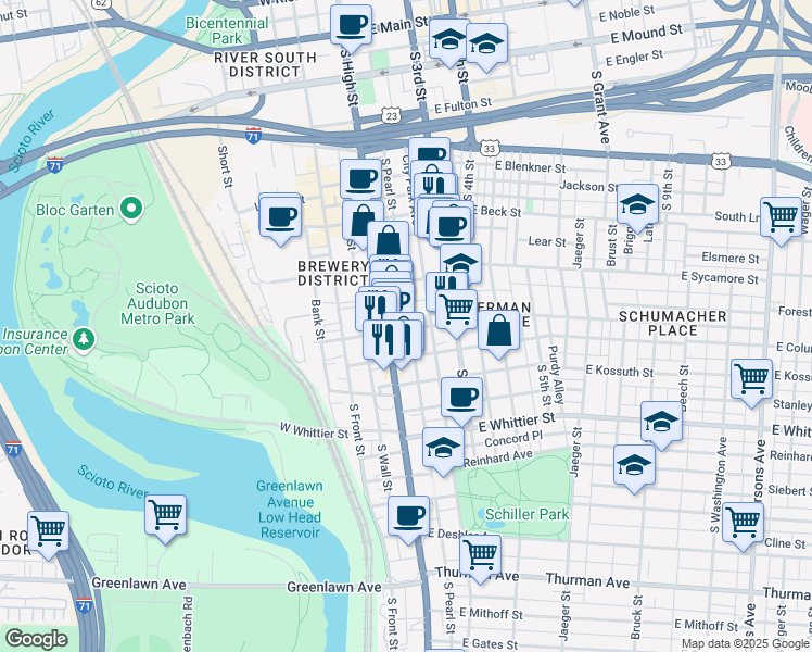 map of restaurants, bars, coffee shops, grocery stores, and more near 43 Stimmel Street in Columbus