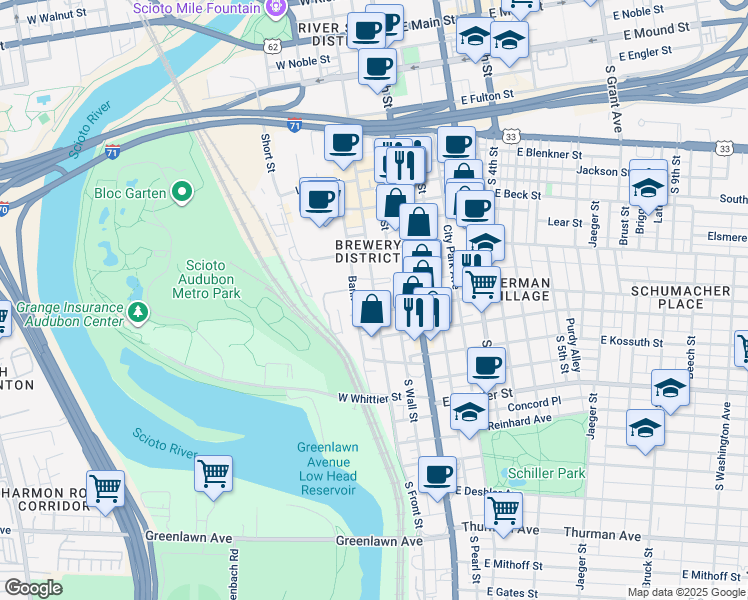 map of restaurants, bars, coffee shops, grocery stores, and more near 681 South Front Street in Columbus