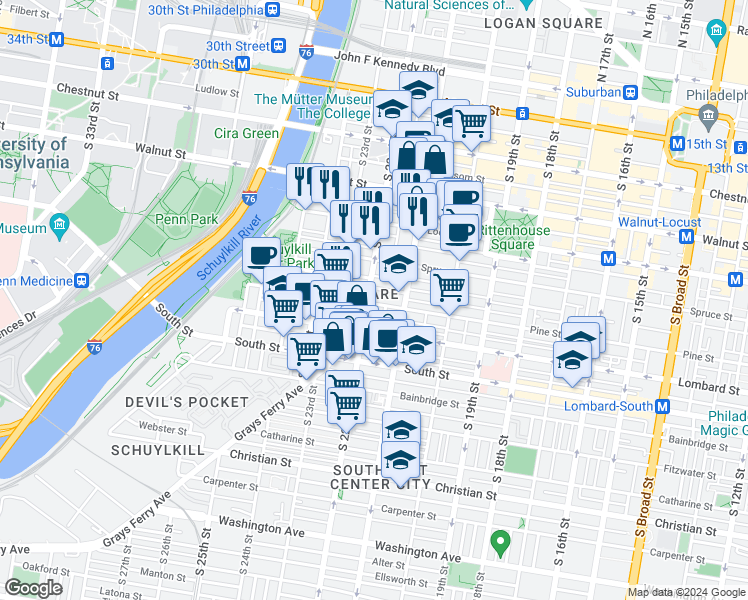 map of restaurants, bars, coffee shops, grocery stores, and more near 2129 Pine Street in Philadelphia
