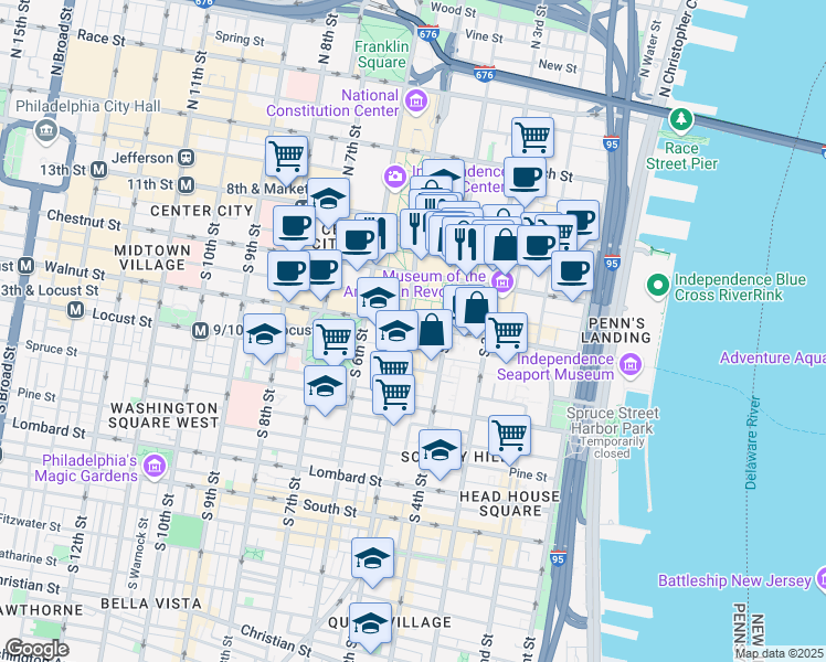map of restaurants, bars, coffee shops, grocery stores, and more near 436 Walnut Street in Philadelphia