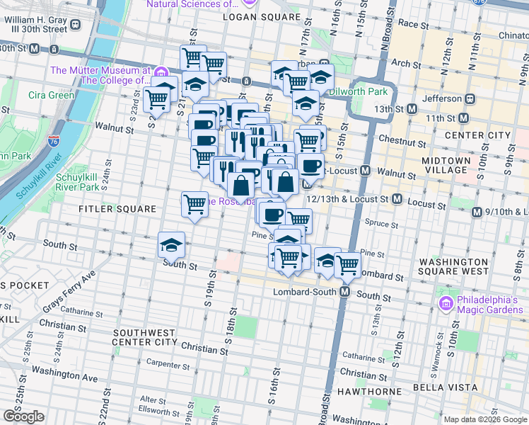 map of restaurants, bars, coffee shops, grocery stores, and more near 1716 Spruce Street in Philadelphia