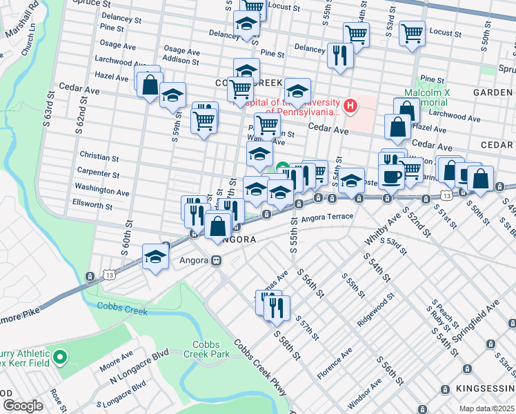 map of restaurants, bars, coffee shops, grocery stores, and more near 838 South 56th Street in Philadelphia