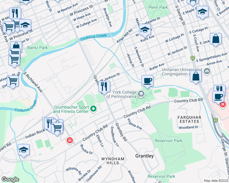 map of restaurants, bars, coffee shops, grocery stores, and more near 510 West Springettsbury Avenue in York