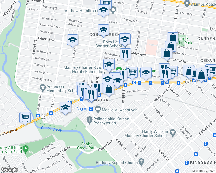 map of restaurants, bars, coffee shops, grocery stores, and more near 838 South 56th Street in Philadelphia