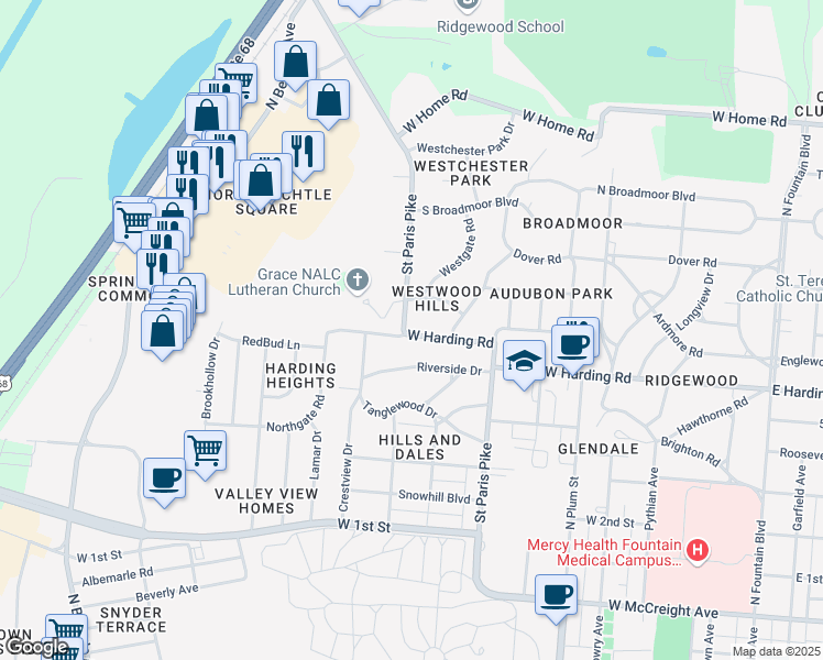 map of restaurants, bars, coffee shops, grocery stores, and more near 1600 Saint Paris Pike in Springfield