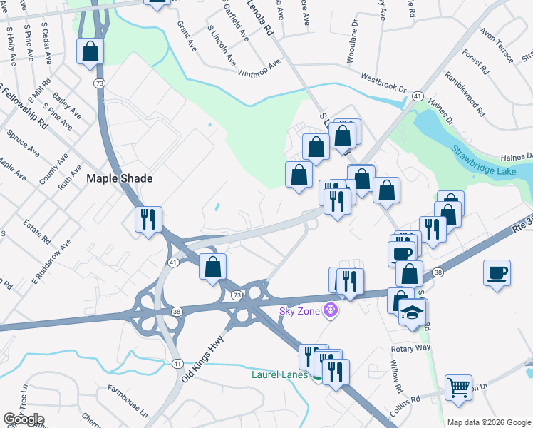 map of restaurants, bars, coffee shops, grocery stores, and more near 115 East Kings Highway in Maple Shade