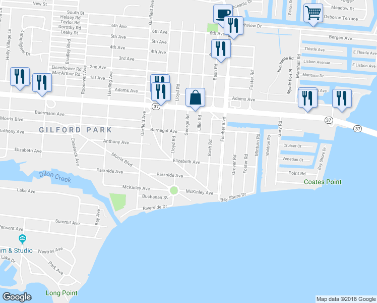 map of restaurants, bars, coffee shops, grocery stores, and more near 121 George Road in Toms River