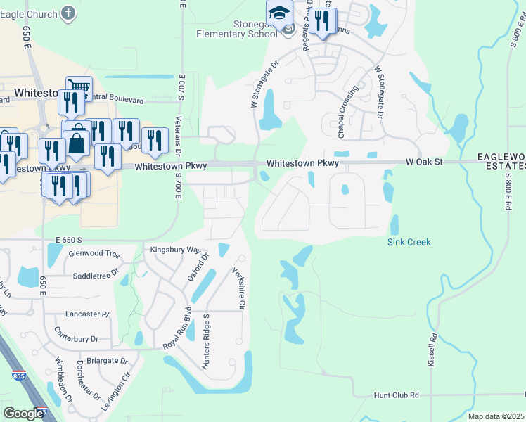 map of restaurants, bars, coffee shops, grocery stores, and more near 6322 Sugar Maple Drive in Zionsville