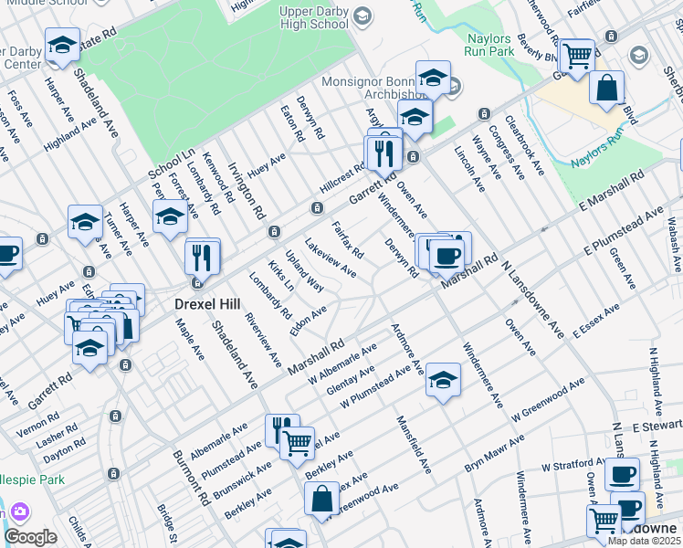map of restaurants, bars, coffee shops, grocery stores, and more near 350 Lakeview Avenue in Drexel Hill
