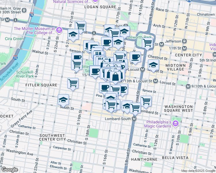 map of restaurants, bars, coffee shops, grocery stores, and more near 1632 Spruce Street in Philadelphia