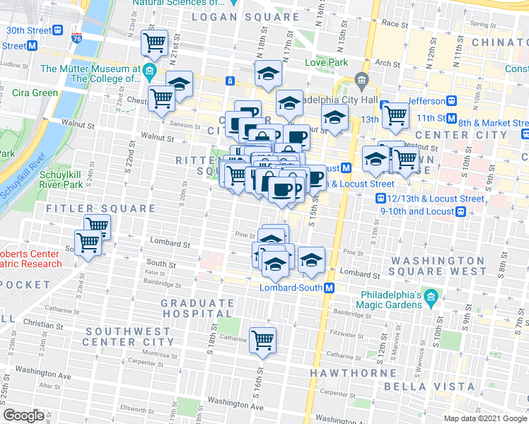 map of restaurants, bars, coffee shops, grocery stores, and more near 1632 Spruce Street in Philadelphia