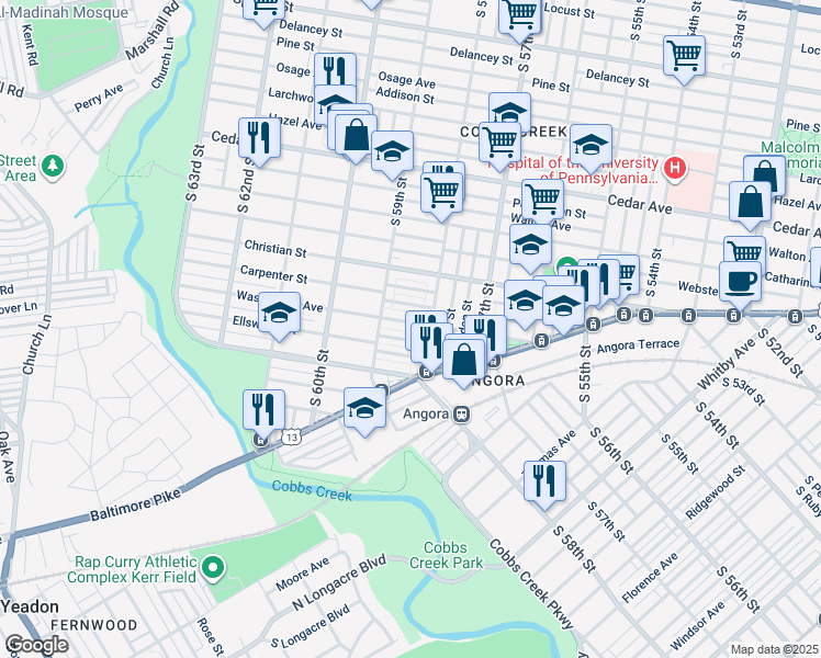 map of restaurants, bars, coffee shops, grocery stores, and more near 5822 Washington Avenue in Philadelphia