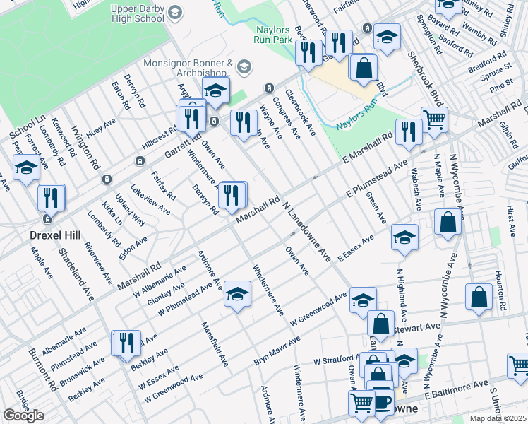 map of restaurants, bars, coffee shops, grocery stores, and more near 275 Owen Avenue in Lansdowne