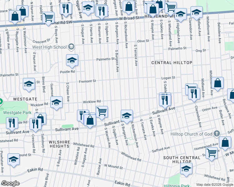 map of restaurants, bars, coffee shops, grocery stores, and more near 346 South Burgess Avenue in Columbus