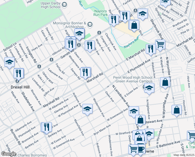 map of restaurants, bars, coffee shops, grocery stores, and more near 275 Owen Avenue in Lansdowne