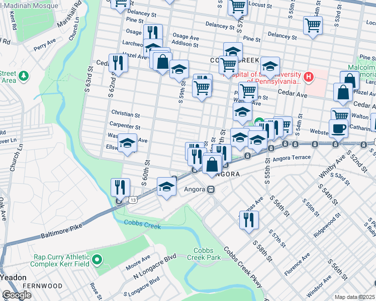 map of restaurants, bars, coffee shops, grocery stores, and more near 5822 Washington Avenue in Philadelphia