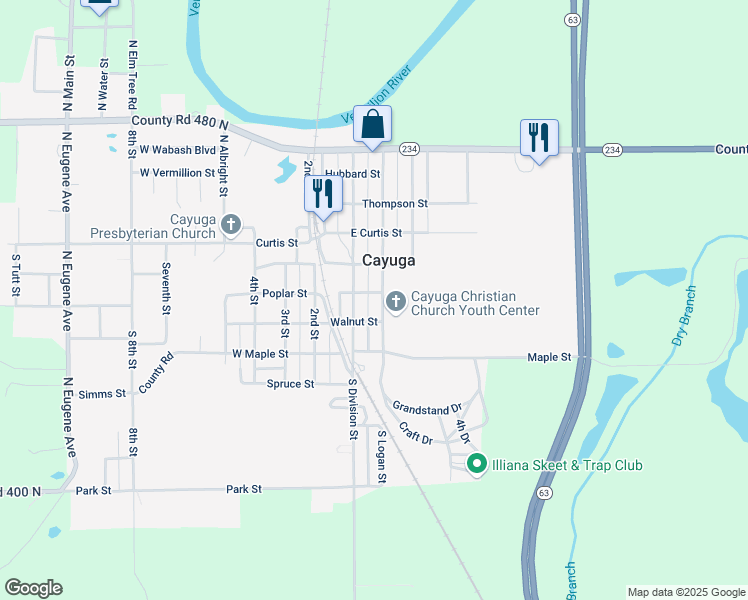 map of restaurants, bars, coffee shops, grocery stores, and more near 207 South Logan Street in Cayuga