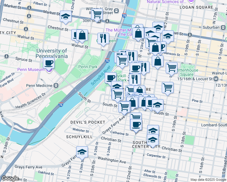 map of restaurants, bars, coffee shops, grocery stores, and more near 2515 Waverly Street in Philadelphia