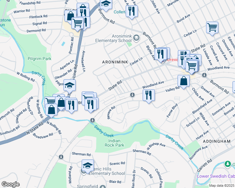 map of restaurants, bars, coffee shops, grocery stores, and more near 712 Clarendon Rd in Drexel Hill
