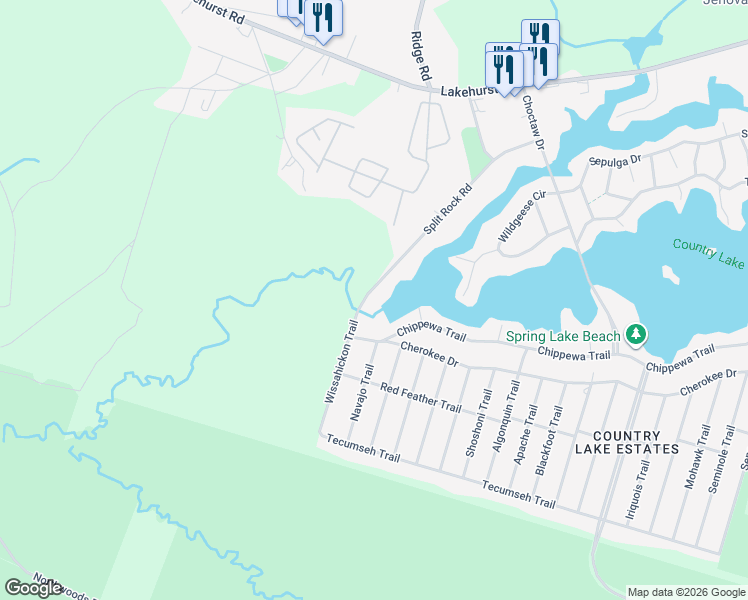 map of restaurants, bars, coffee shops, grocery stores, and more near 106 Split Rock Road in Browns Mills