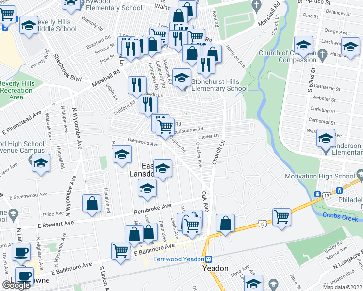 map of restaurants, bars, coffee shops, grocery stores, and more near 7149 Greenwood Avenue in Upper Darby