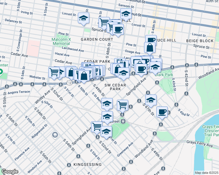 map of restaurants, bars, coffee shops, grocery stores, and more near 824 South 48th Street in Philadelphia
