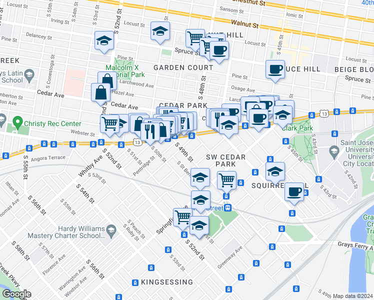 map of restaurants, bars, coffee shops, grocery stores, and more near 807 South 49th Street in Philadelphia