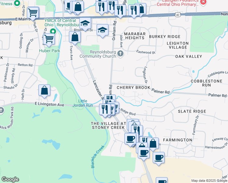 map of restaurants, bars, coffee shops, grocery stores, and more near 1792 Graham Road in Reynoldsburg