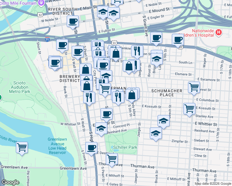 map of restaurants, bars, coffee shops, grocery stores, and more near in Columbus