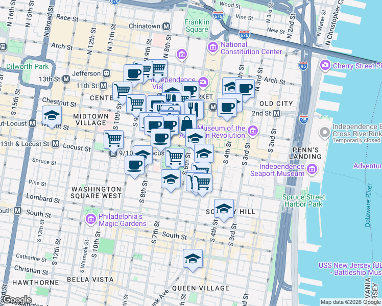 map of restaurants, bars, coffee shops, grocery stores, and more near 530 Walnut Street in Philadelphia
