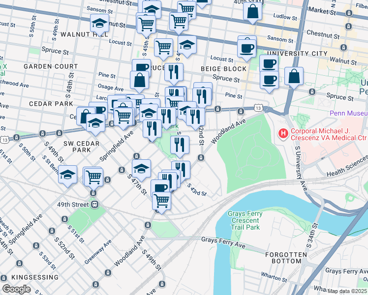 map of restaurants, bars, coffee shops, grocery stores, and more near 4252 Regent Square in Philadelphia