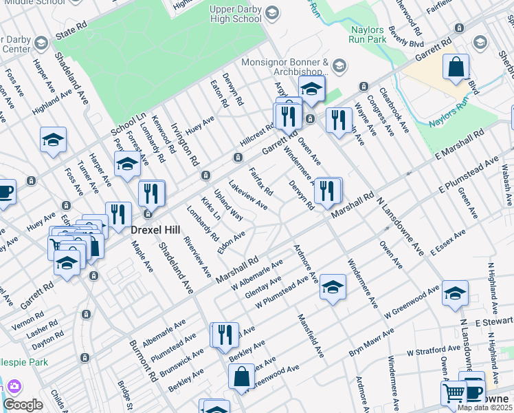 map of restaurants, bars, coffee shops, grocery stores, and more near 350 Lakeview Avenue in Drexel Hill