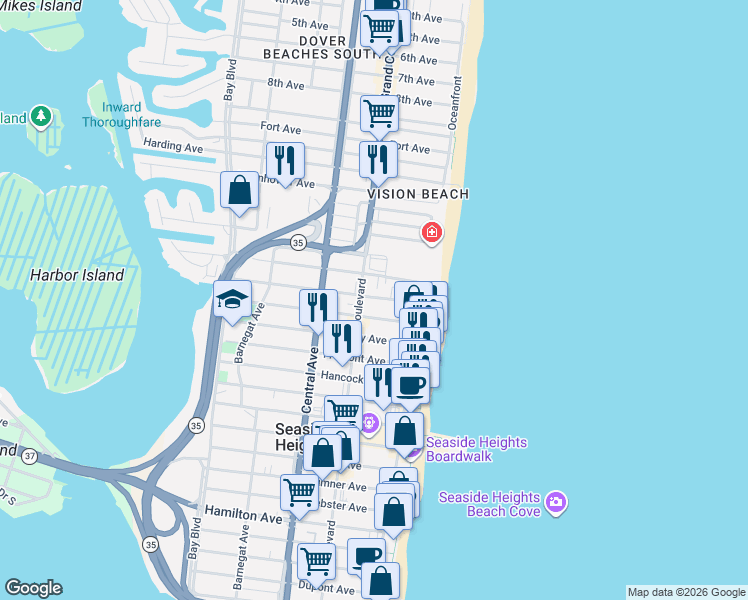 map of restaurants, bars, coffee shops, grocery stores, and more near 61 Hiering Avenue in Seaside Heights