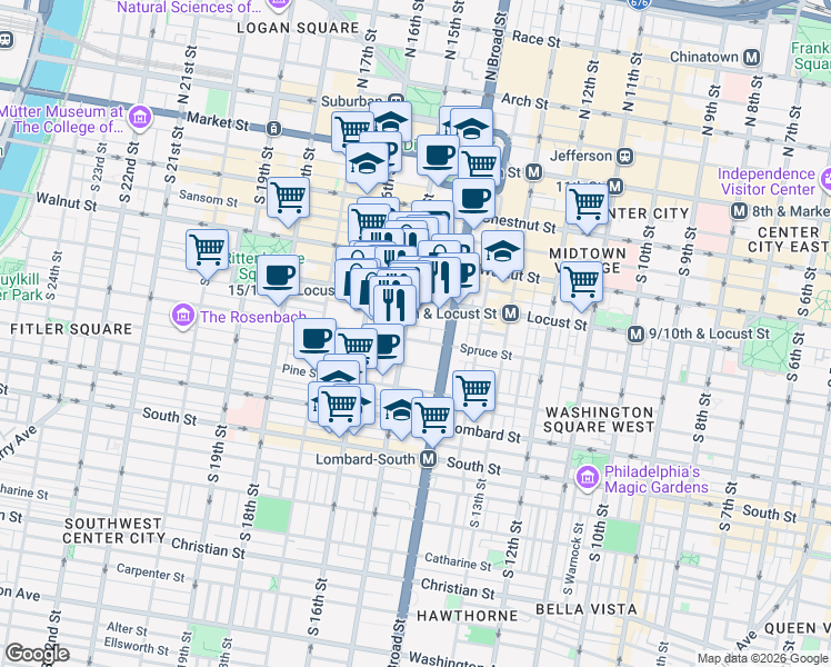 map of restaurants, bars, coffee shops, grocery stores, and more near 1429 Spruce Street in Philadelphia