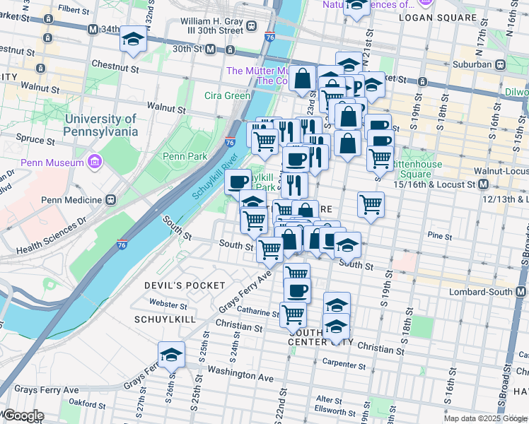 map of restaurants, bars, coffee shops, grocery stores, and more near 2422 Pine Street in Philadelphia