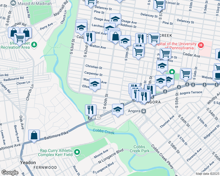 map of restaurants, bars, coffee shops, grocery stores, and more near 1015 South 60th Street in Philadelphia