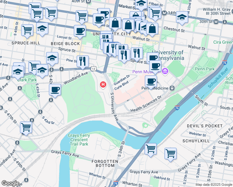 map of restaurants, bars, coffee shops, grocery stores, and more near 321 South University Avenue in Philadelphia