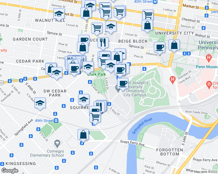 map of restaurants, bars, coffee shops, grocery stores, and more near 4250 Regent Square in Philadelphia