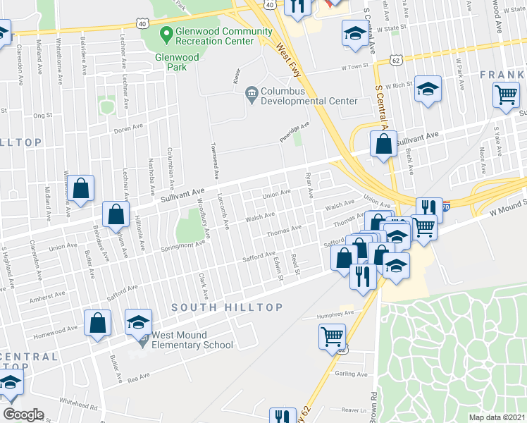 map of restaurants, bars, coffee shops, grocery stores, and more near 1716 Union Avenue in Columbus
