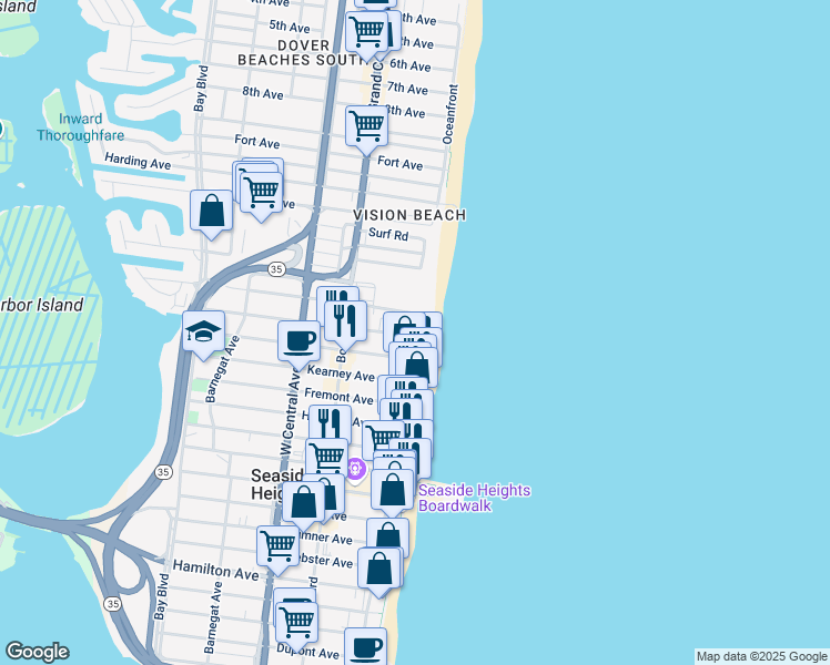 map of restaurants, bars, coffee shops, grocery stores, and more near 1521 Oceanfront in Seaside Heights