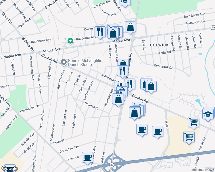 map of restaurants, bars, coffee shops, grocery stores, and more near 660 North Princeton Avenue in Cherry Hill