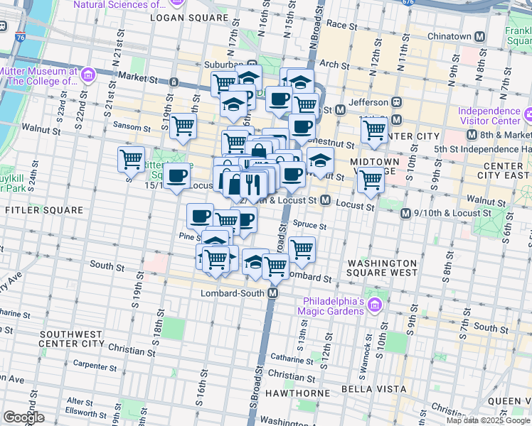 map of restaurants, bars, coffee shops, grocery stores, and more near 1500 Locust Street in Philadelphia